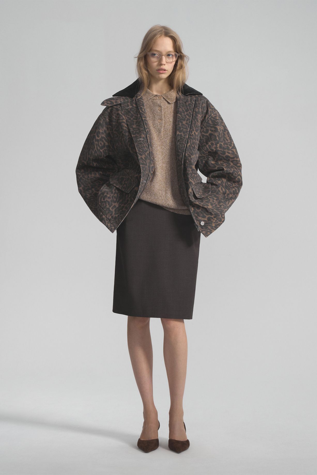 Denim down jacket with leopard print and corduroy collar