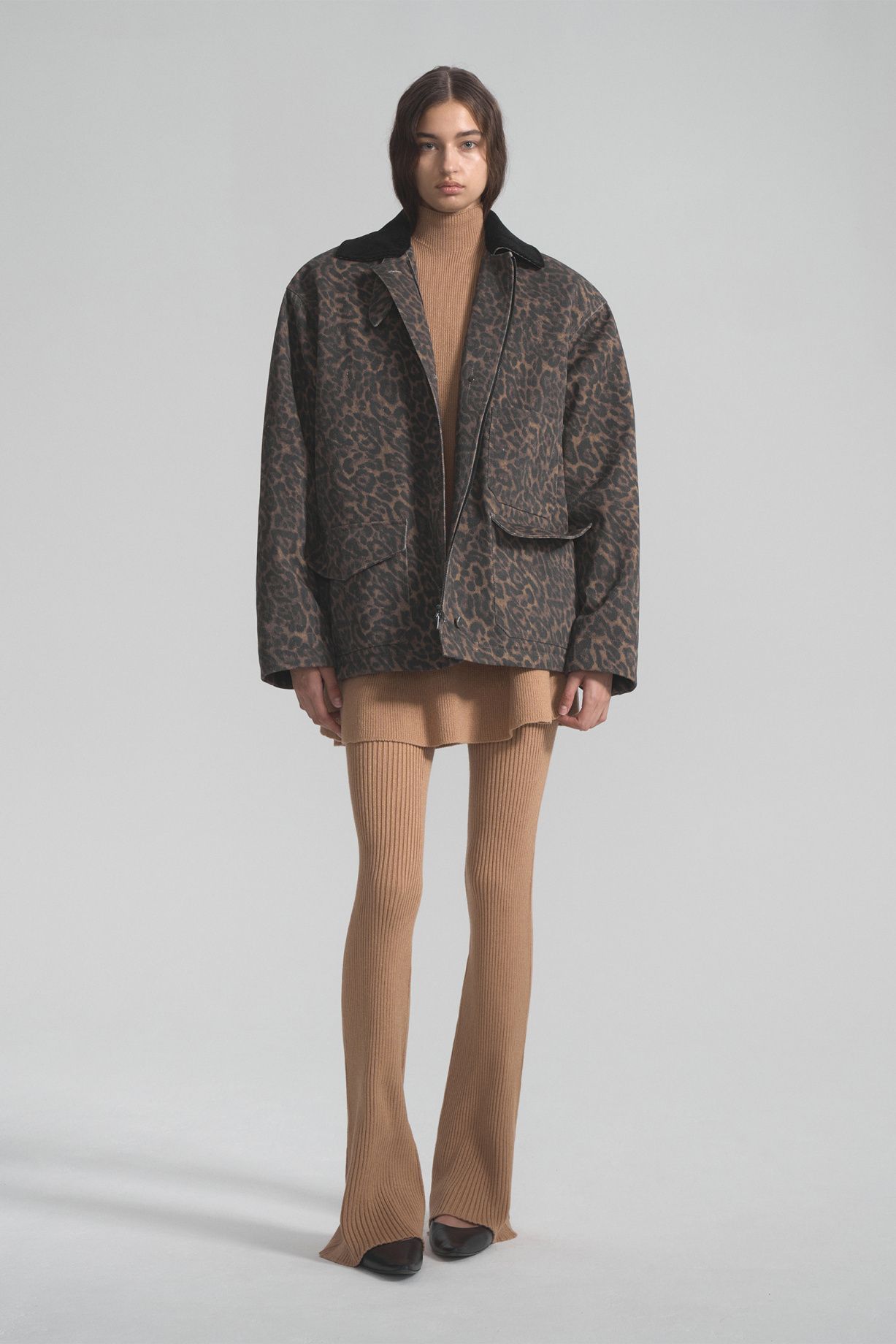 Denim down jacket with leopard print and corduroy collar