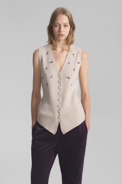 Cashmere and silk button-down vest with embroidery