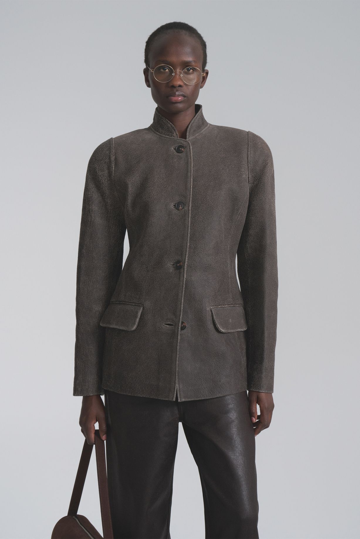 Fitted leather jacket with marble effect