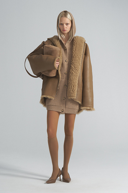 Double-sided sheepskin coat with a hood