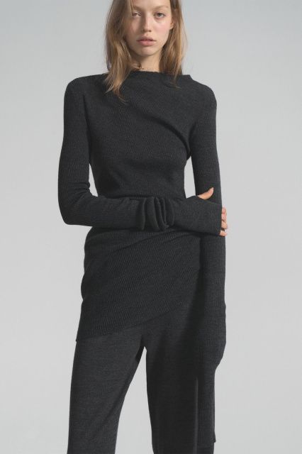 Asymmetrical ruched dress in Australian merino wool