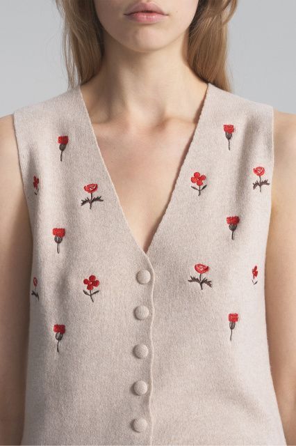 Cashmere and silk button-down vest with embroidery