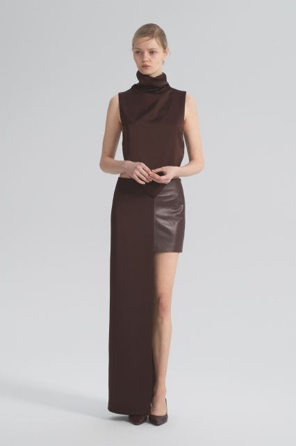 Юбка асимметричная из кожи и шелка