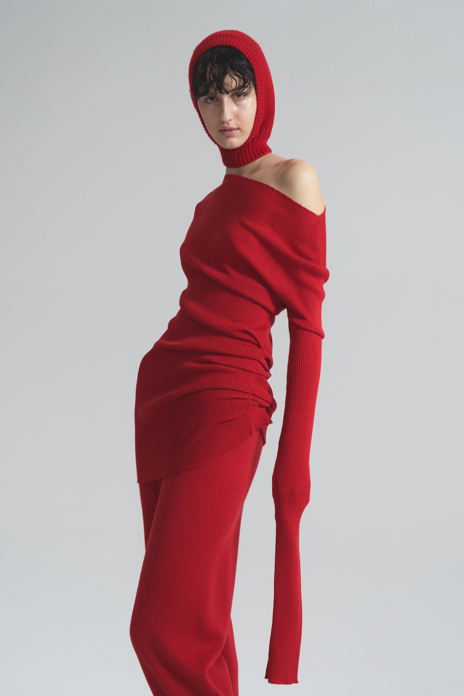 Asymmetrical ruched dress in Australian merino wool